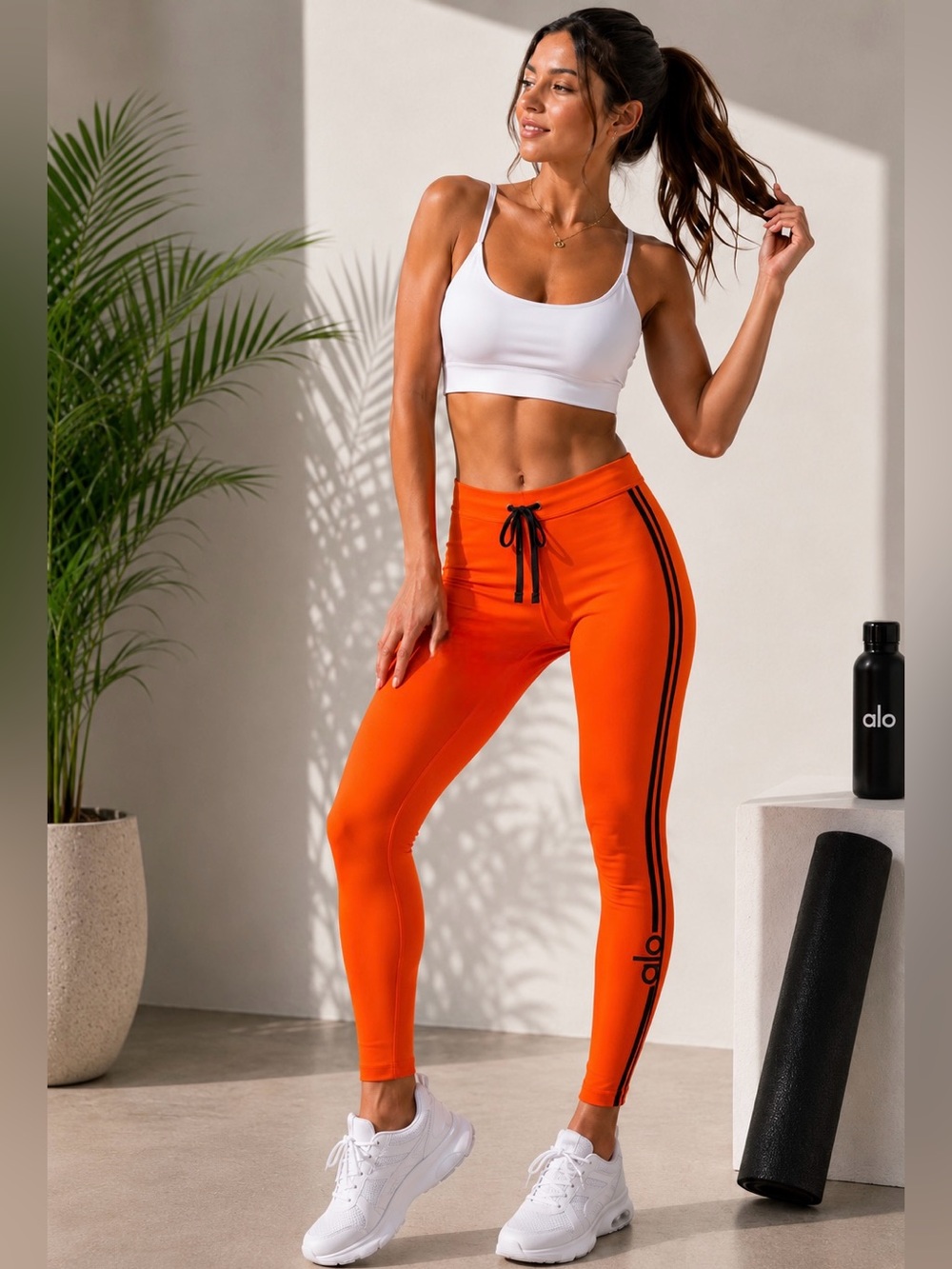 Alo Yoga Orange Performance Leggings Size M Drawstring Athletic Activewear 🧡🖤 - Picture 9 of 9